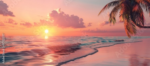 Fototapeta Naklejka Na Ścianę i Meble -  Tranquil beach scene with vibrant sunset hues over a serene seascape perfect for travel promotions and holiday brochures with copy space image