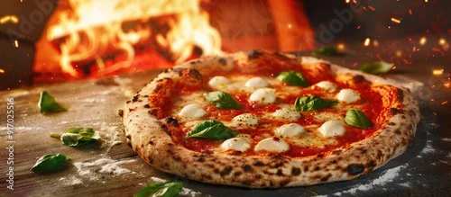 Obraz  z motywem Authentic Neapolitan pizza with fresh mozzarella and basil leaves baked in a brick oven displayed in a true Italian Traditional Pizza Margherita copy space image