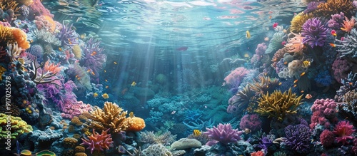 Scenic coral reef with diverse hard corals creating a vibrant marine ecosystem displaying an array of colors with copy space image photo