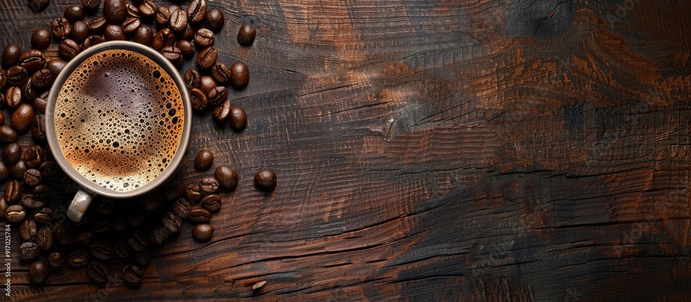 Espresso coffee and roasted coffee beans make a perfect backdrop for postcards or greeting cards with copy space image Espresso coffee and roasted coffee beans make a perfect backdrop for postcards or greeting cards with copy space image