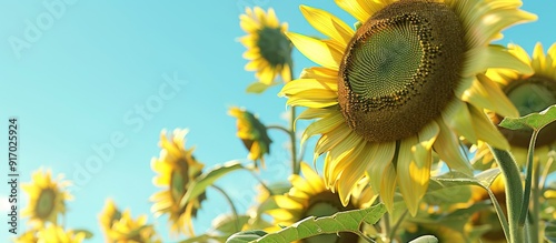 Close up shot of huge sunflowers against a clear blue sky on a sweltering day with plenty of copy space image