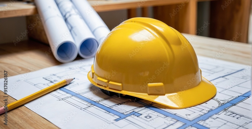 Close-up of a yellow hardhat, pencil, and blueprint floor plan on the wooden table. Construction Project Concept. Close-up of a yellow hardhat, pencil, and blueprint floor plan on the wooden table. Construction Project Concept.