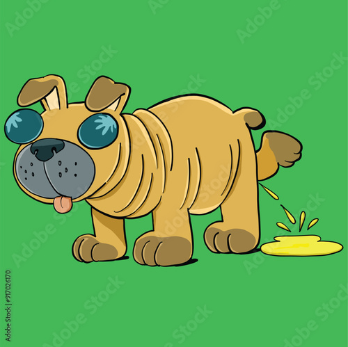 pug dog urinates contentedly while walking