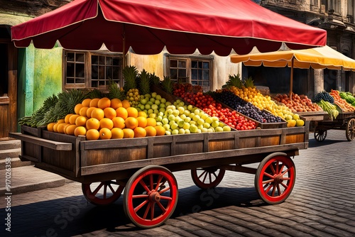 Fruits and vegetables in a wooden cart on the street in Prague, Czech Republic photo