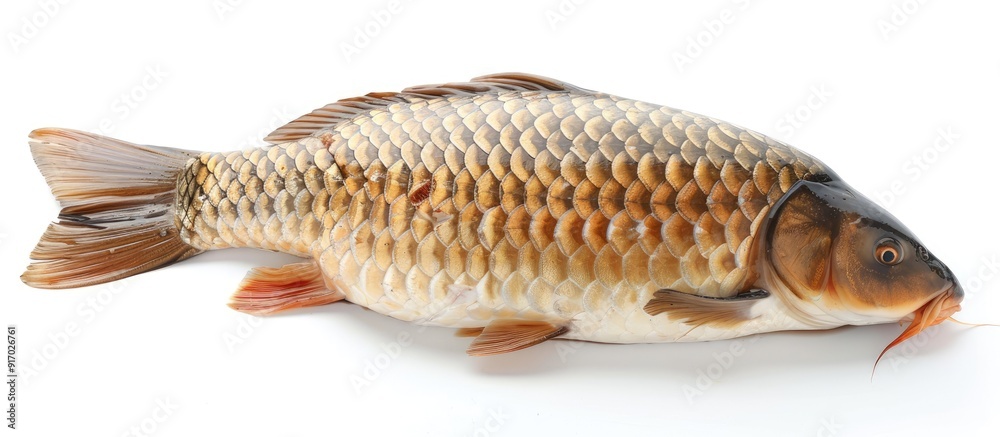 Isolated on a white backdrop a fresh raw rohu fish piece stands accompanied by a blank space image in the background. . image with copy space Isolated on a white backdrop a fresh raw rohu fish piece stands accompanied by a blank space image in the background. . image with copy space