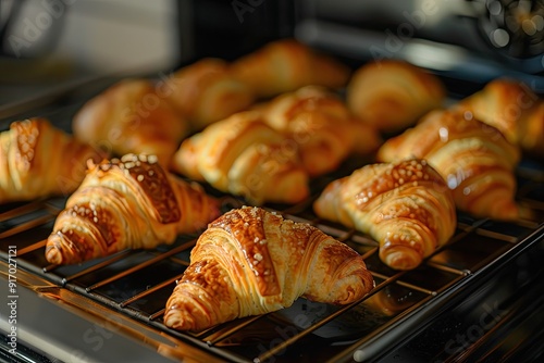 An image highlighting the flaky and buttery texture of freshly baked croissants, still warm from the oven photo