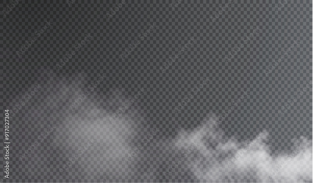 Vector isolated smoke PNG. White smoke texture on a transparent black background. Special effect of steam, smoke, fog, clouds.
