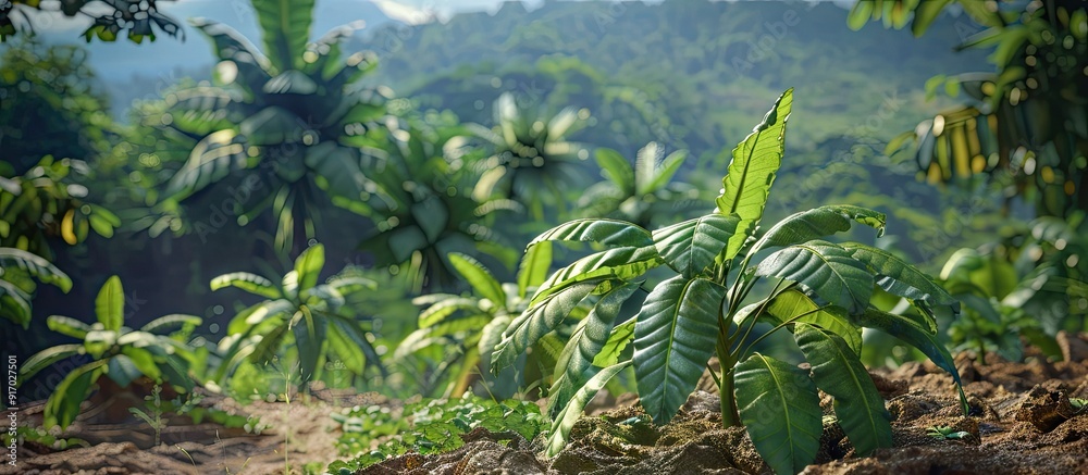 Obraz premium Cassava in the picturesque rural setting with lush greenery and beautiful scenery with copy space image