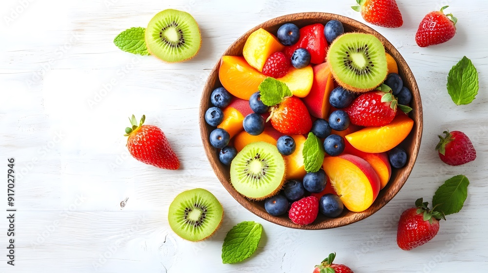 Fresh colorful fruits on white wooden table, berries and citrus, rustic bowl filled with peaches and grapes, sliced kiwi and orange, strawberries and blueberries scattered. Fresh colorful fruits on white wooden table, berries and citrus, rustic bowl filled with peaches and grapes, sliced kiwi and orange, strawberries and blueberries scattered.