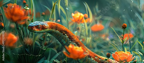 Stunning Chinese wild snake bed flowers against a green backdrop with copy space image photo