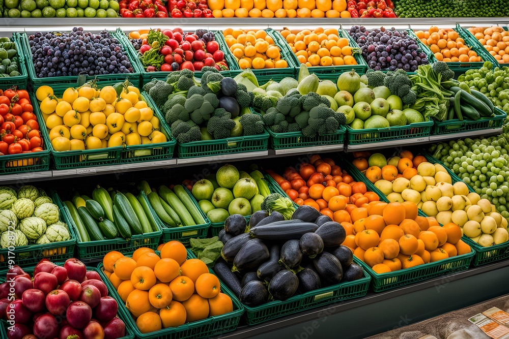 Variety of fruits and vegetables on the shelves of the supermarket. Variety of fruits and vegetables on the shelves of the supermarket.