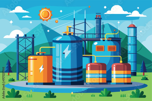 Extraction and processing of oil and gas. Large industrial complexes, factories, gas and oil towers. Extraction of minerals. Natural energy resources. Vector illustration