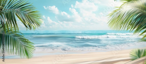 Fototapeta Naklejka Na Ścianę i Meble -  A serene beach scene with palm branches against a tranquil sea backdrop suitable for a copy space image