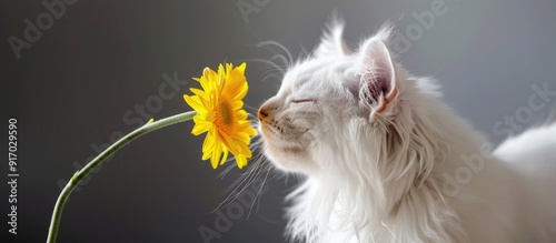 White fluffy cat smelling a bright yellow gerbera daisy against a neutral gray backdrop Great pic for animal lovers or pet owners Copy space image photo