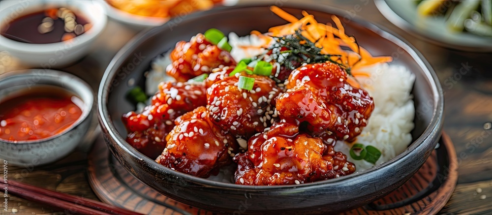 Korean fried chicken served with a spicy sauce on a wooden table with rice seaweed and kimchi pickle creating a vibrant presentation with copy space image