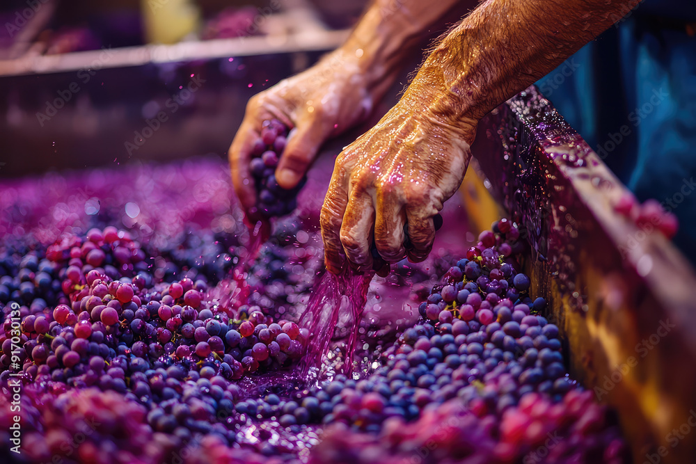 Close-up of hands crushing juicy, colorful grapes with vibrant juice flowing, highlighting traditional winemaking in action at its most tactile moment. Close-up of hands crushing juicy, colorful grapes with vibrant juice flowing, highlighting traditional winemaking in action at its most tactile moment.