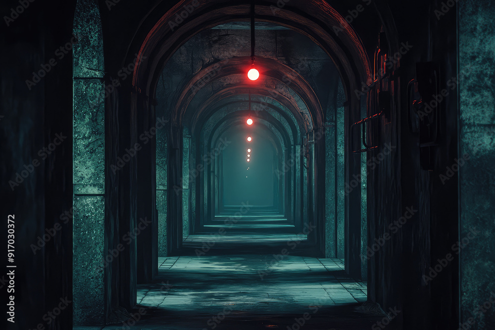 Fototapeta premium Endless corridor of dark shadows and eerie lights, drawing one deeper into its enigmatic depths with each step forward, a journey into the unknown begins.