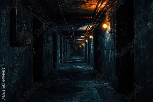 Explore a haunting, dimly lit corridor of an endless, dark labyrinth with eerie lighting and an unsettling ambiance that sends chills down your spine.