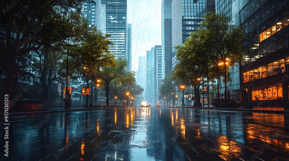 Rainy city street, modern skyscrapers, glass buildings, heavy downpour, water puddles, reflections, wet asphalt, tree-lined avenue, urban landscape, stormy weather. Rainy city street, modern skyscrapers, glass buildings, heavy downpour, water puddles, reflections, wet asphalt, tree-lined avenue, urban landscape, stormy weather.