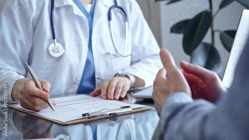 Doctor and patient discussing health concerns in medical office. Physician making notes on a clipboard. Medicine and Health care