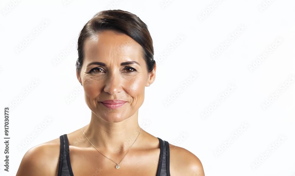 Medium shot portrait video of a Peruvian woman in her 40s wearing a sporty tank top against a white background Medium shot portrait video of a Peruvian woman in her 40s wearing a sporty tank top against a white background
