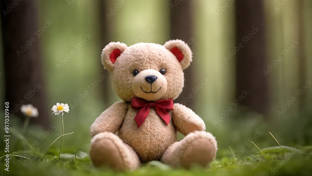brown teddy bear surrounded by moss and daisies, forest floor with blurred background brown teddy bear surrounded by moss and daisies, forest floor with blurred background