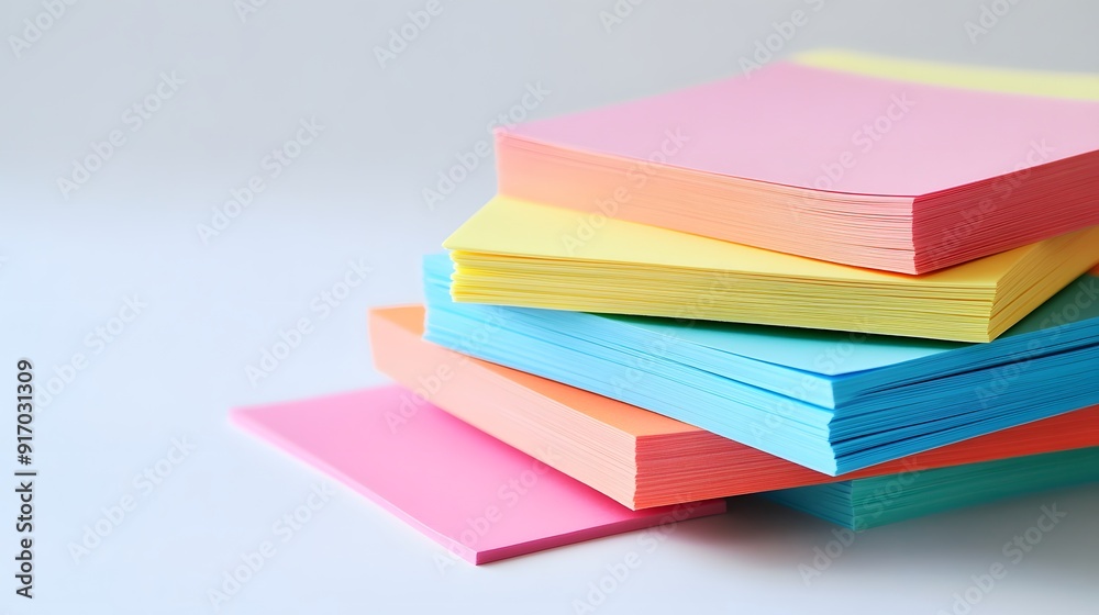 Stack of colorful sticky notes on pure white background, vibrant pastel colors, pink, blue, yellow, orange, green, neatly arranged, slightly askew pile, office supplies, stationery.