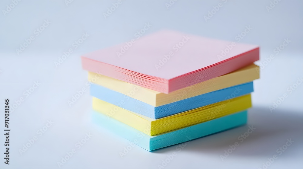 Stack of colorful sticky notes on pure white background, vibrant pastel colors, pink, blue, yellow, orange, green, neatly arranged, slightly askew pile, office supplies, stationery. Stack of colorful sticky notes on pure white background, vibrant pastel colors, pink, blue, yellow, orange, green, neatly arranged, slightly askew pile, office supplies, stationery.