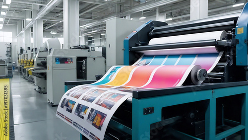 printing press equipment with newspaper web emerging, background filled with machines on factory floor
