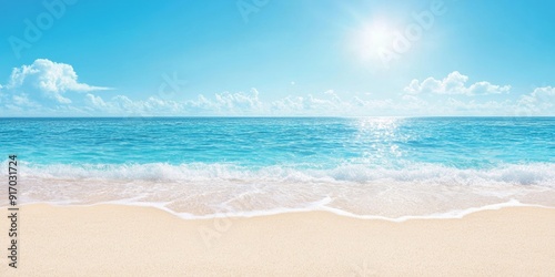 Beautiful beach scene with soft sand, blue ocean waves, and a sparkling sunlit sky, providing a perfect setting for a relaxing summer holiday