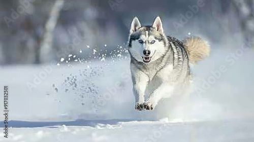 Siberian Husky Running Through Snow