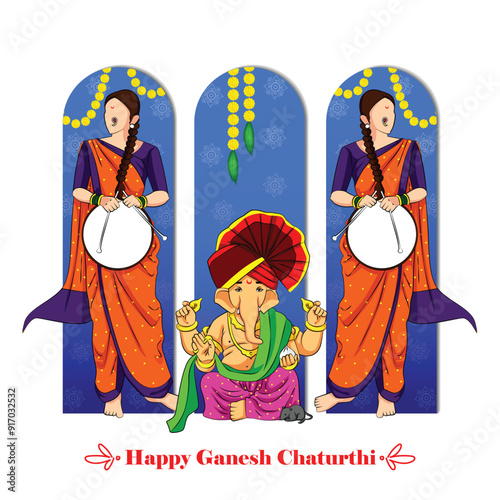 Lord Ganpati in vector for Happy Ganesh Chaturthi festival celebration of India with people celebrating dhol tasha