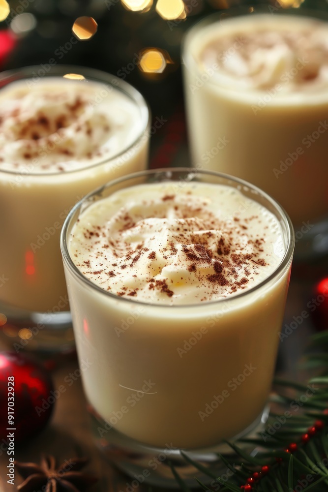 A close-up shot of a homemade serving of frothy eggnog, showcasing its creamy texture and delicate foam. The eggnog is served in a clear glass or cup, highlighting its rich and velvety appearance. A close-up shot of a homemade serving of frothy eggnog, showcasing its creamy texture and delicate foam. The eggnog is served in a clear glass or cup, highlighting its rich and velvety appearance.