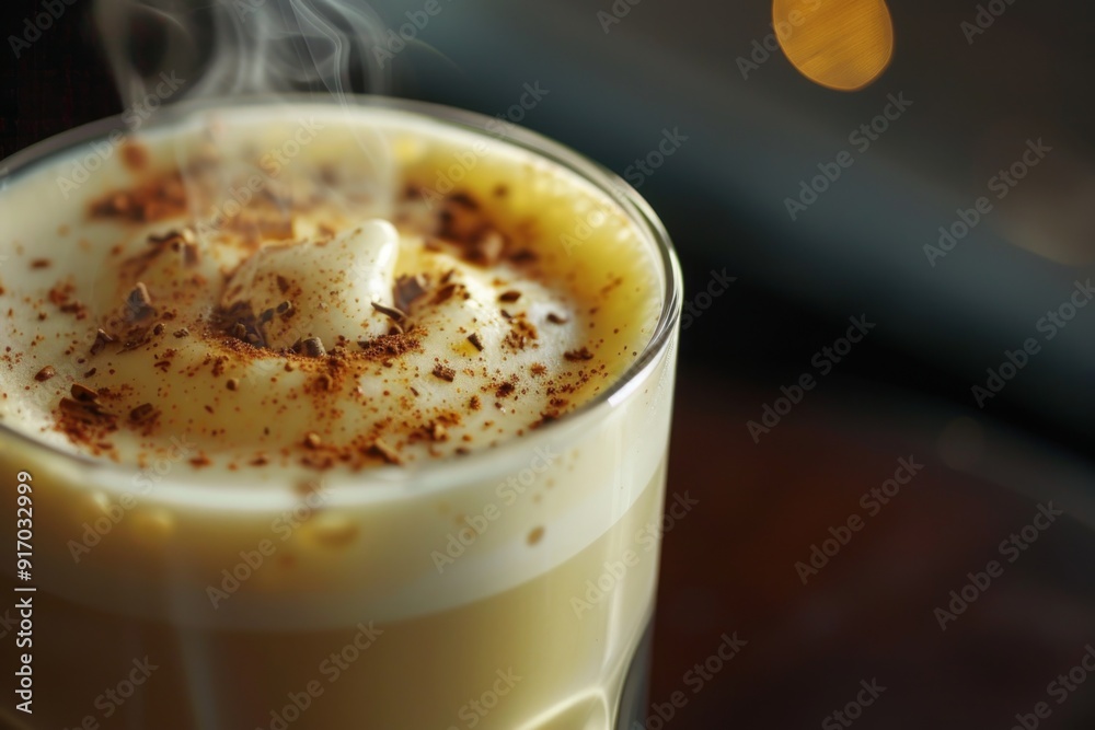 A close-up shot of a steaming hot glass of eggnog latte, topped with a layer of creamy foam. The drink is placed on a wooden table, with a blurred background to emphasize the beverage. A close-up shot of a steaming hot glass of eggnog latte, topped with a layer of creamy foam. The drink is placed on a wooden table, with a blurred background to emphasize the beverage.