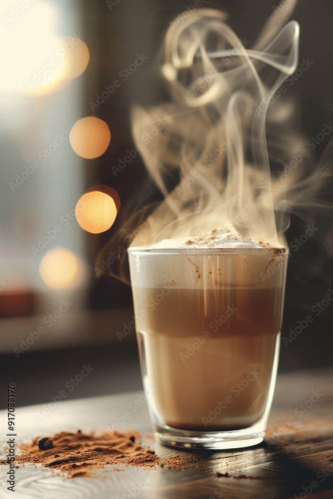 A close-up shot of a steaming hot glass of eggnog latte, topped with a layer of creamy foam. The drink is placed on a wooden table, with a blurred background to emphasize the beverage. A close-up shot of a steaming hot glass of eggnog latte, topped with a layer of creamy foam. The drink is placed on a wooden table, with a blurred background to emphasize the beverage.