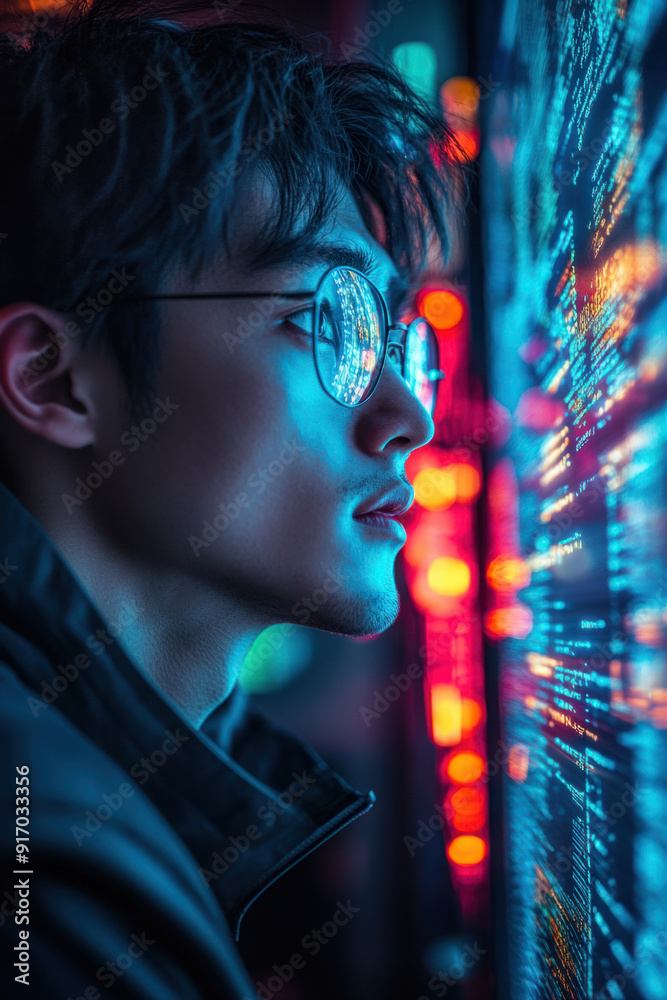 ethical hacking, A side view of a focused hacker wearing thick-rimmed glasses, his eyes fixed on a floating holographic display showing complex source code. The dimly lit room is ethical hacking, A side view of a focused hacker wearing thick-rimmed glasses, his eyes fixed on a floating holographic display showing complex source code. The dimly lit room is