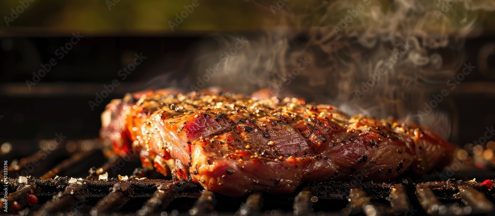 Fresh raw pork meat marinated and ready for grilling on barbecue Ideal for a summer outdoor cooking session with a copy space image Fresh raw pork meat marinated and ready for grilling on barbecue Ideal for a summer outdoor cooking session with a copy space image
