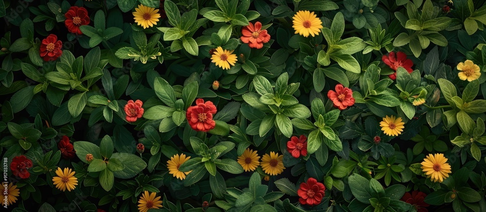 Close up of small velvet red and yellow marigolds amidst lush greenery with copy space image on a natural ground background creating a picturesque garden scene filled with wonderful flora Close up of small velvet red and yellow marigolds amidst lush greenery with copy space image on a natural ground background creating a picturesque garden scene filled with wonderful flora