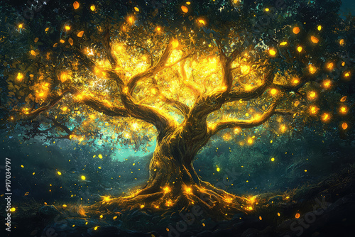 A magnificent tree with golden fruits and glowing leaves shines brilliantly against a dark mystical forest, creating an enchanting night-time spectacle. photo