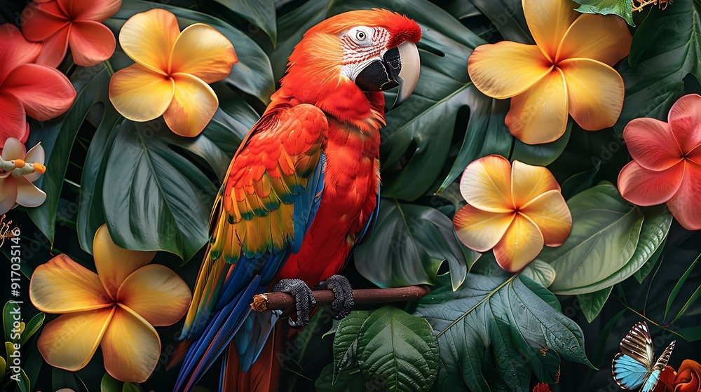 Obraz premium A seamless watercolor pattern featuring rainforest animals, including parrots, monkeys, and butterflies, lush foliage, vibrant hues, detailed textures, lively and natural, hd quality, natural look.