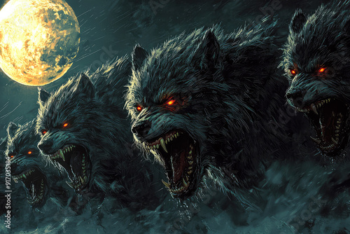 Powerful werewolves with glowing eyes howl at a luminous full moon, their fierce snarls and dark fur illuminated by the eerie night sky. photo