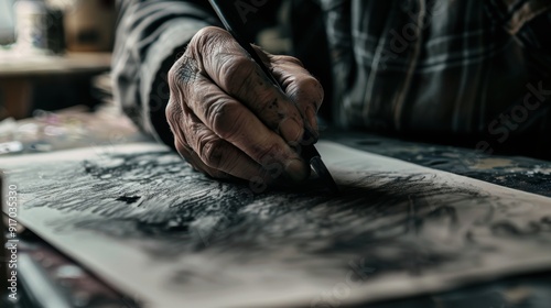 Artist creates an abstract drawing with charcoal on a sketch pad in his art studio