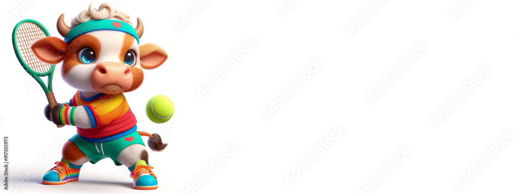 Fototapeta premium Cow Character Playing Tennis . Cute Funny Cartoon Cow in Sportwear With Tennis Racket. Sport Cow Animal Mascot Avatar Portrait Illustration
