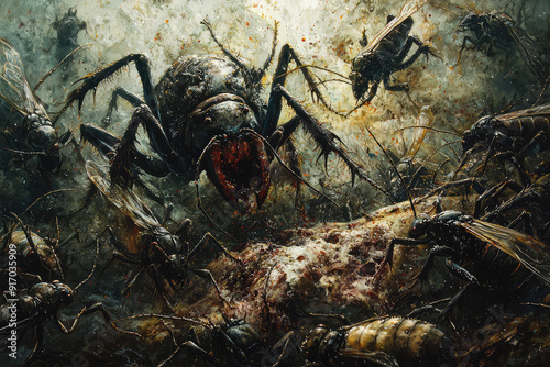 A grotesque swarm of monstrous insects feasts ravenously on a decaying carcass amidst a dark, ominous background, evoking a sense of horror and despair.