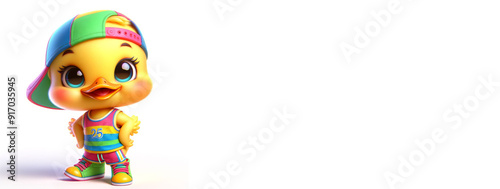 Funny Cute Duck Chick Character Illustration. Funny Animal Bright Colored Portrait Isolated on White Background.	