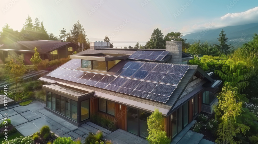 Solar panels on a modern house roof generating clean energy Solar panels on a modern house roof generating clean energy