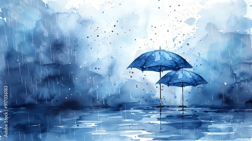Wallpaper Mural A seamless watercolor pattern of a rainy day, vibrant umbrellas, cascading raindrops, rippling puddles, soothing blue and gray tones, soft gradients, detailed textures, hd quality, natural look. Torontodigital.ca