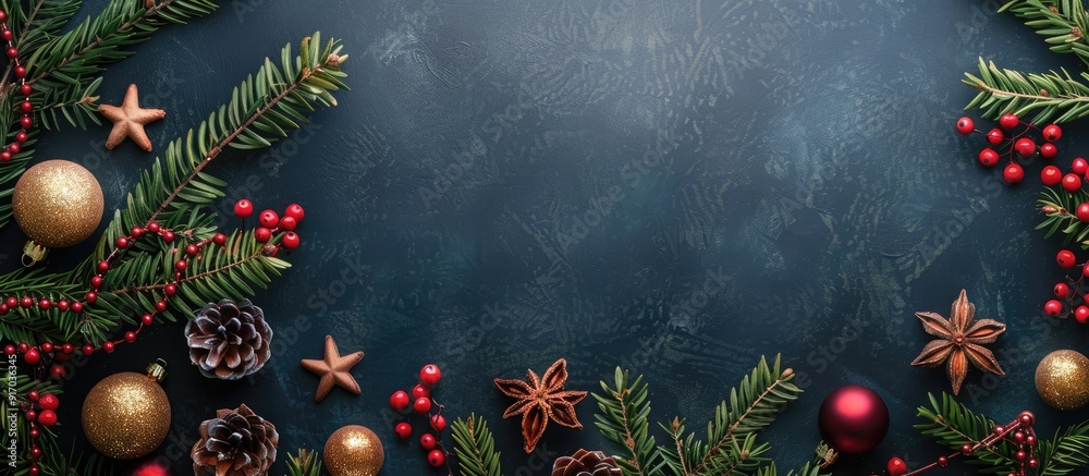Festive Christmas decor displayed against a dark backdrop with copy space image