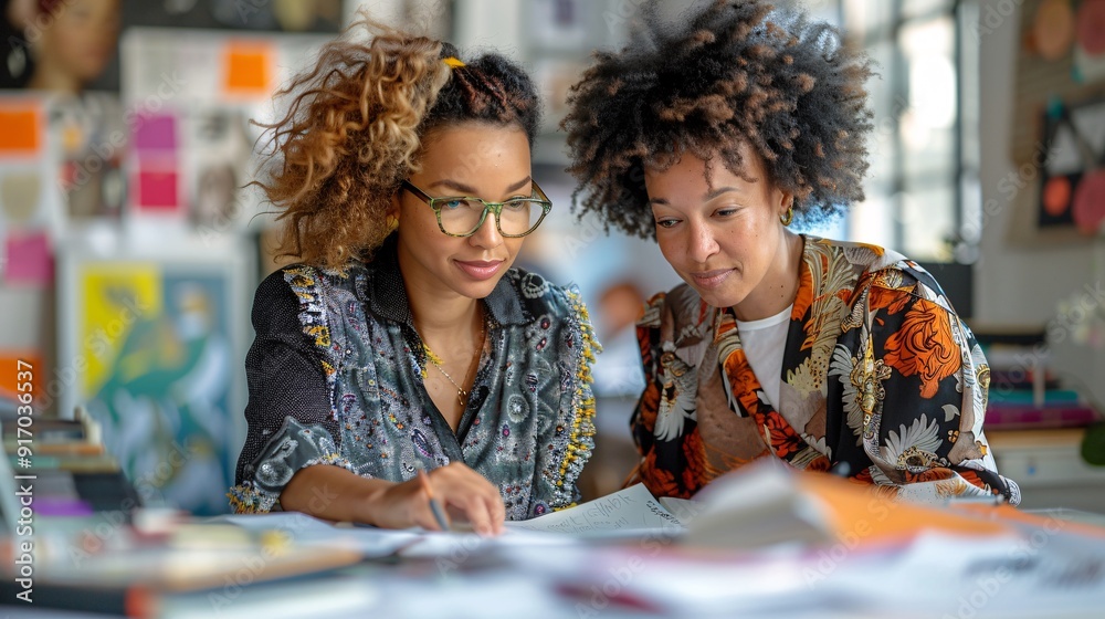 Fototapeta premium A fashion designer reviewing sketches with a colleague in a studio