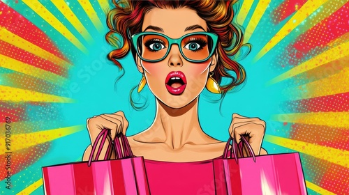 Pop art style image of a surprised sexy young woman in glasses, holding shopping bags, with vibrant colors and a retro magazine cover vibe. photo